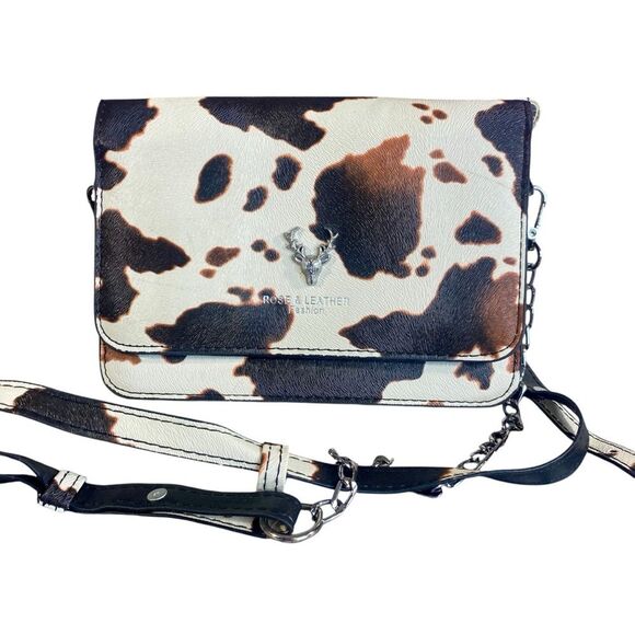 Rose & Leather Cow Print Shoulder Bag Envelope Flap Removeable Shoulder Chain - Picture 1 of 9